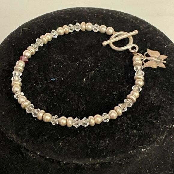 SALE! Silver tone/clear bead stretch bracelet w/toggle clasp & butterfly. Charm - Picture 3 of 7